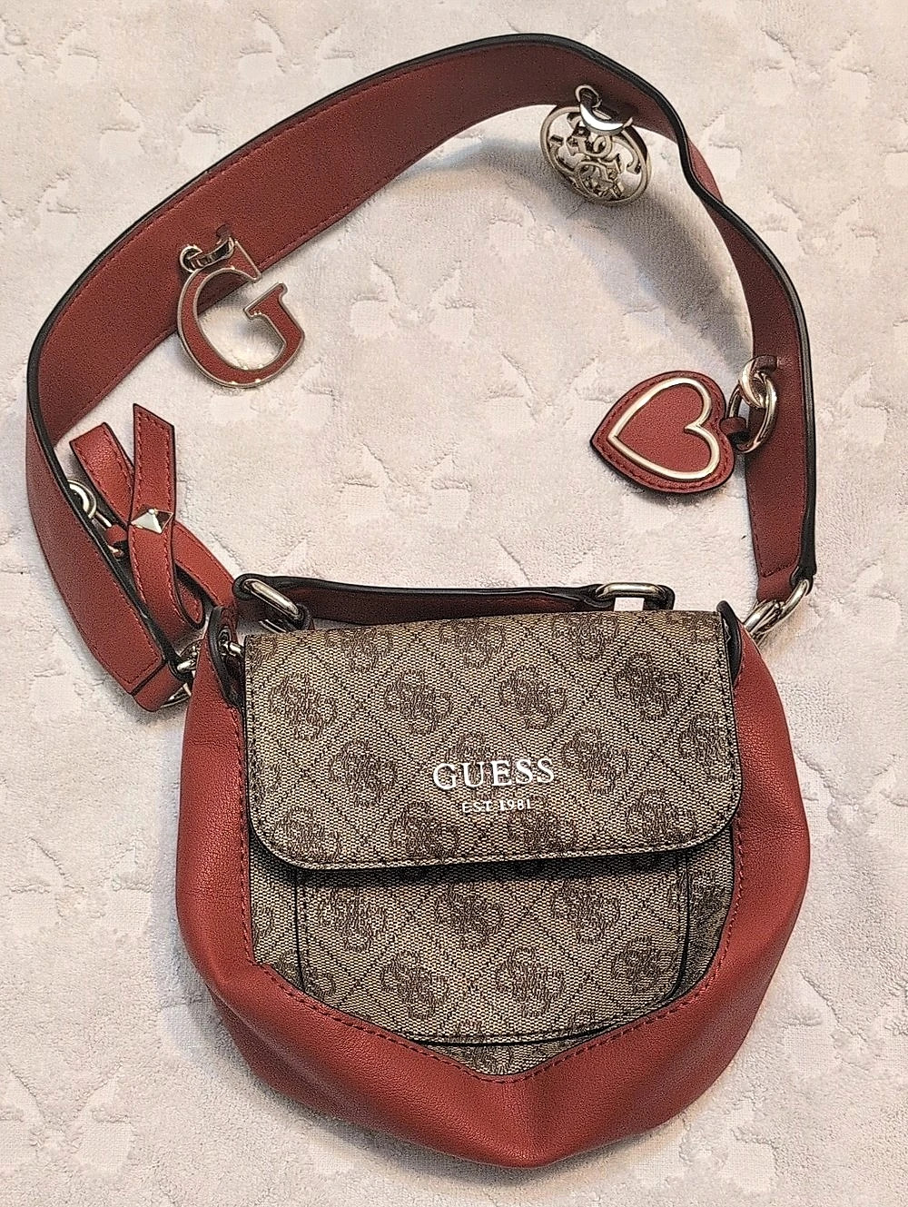GUESS Crossbody Bag Red & Brown Hearts